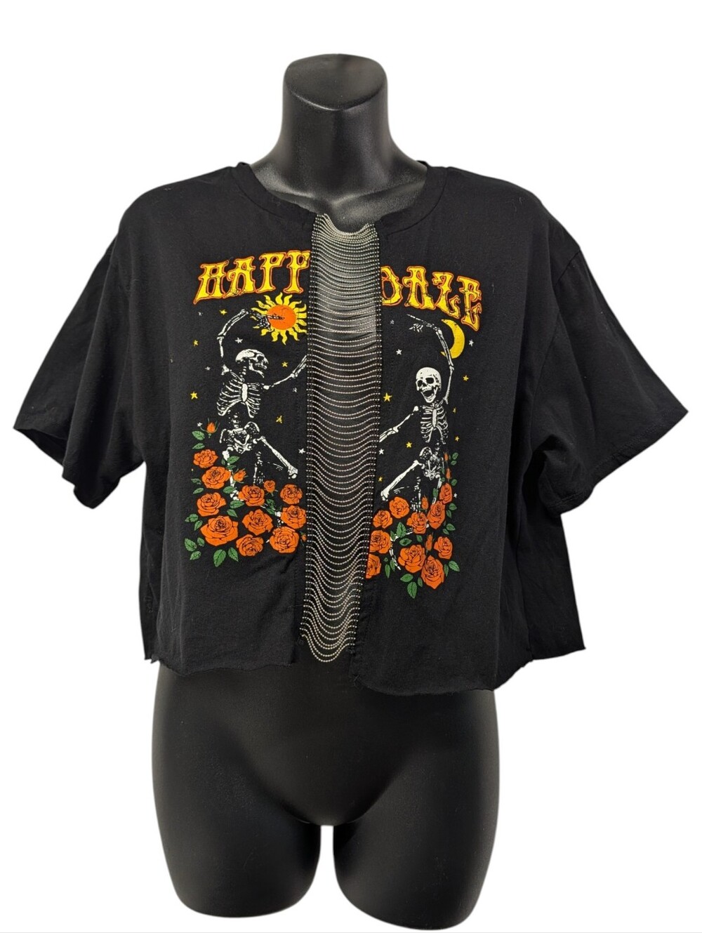 Organic Generation Happy Daze Black Skeleton Rose Chain Fringe Crop T-Shirt Sz L